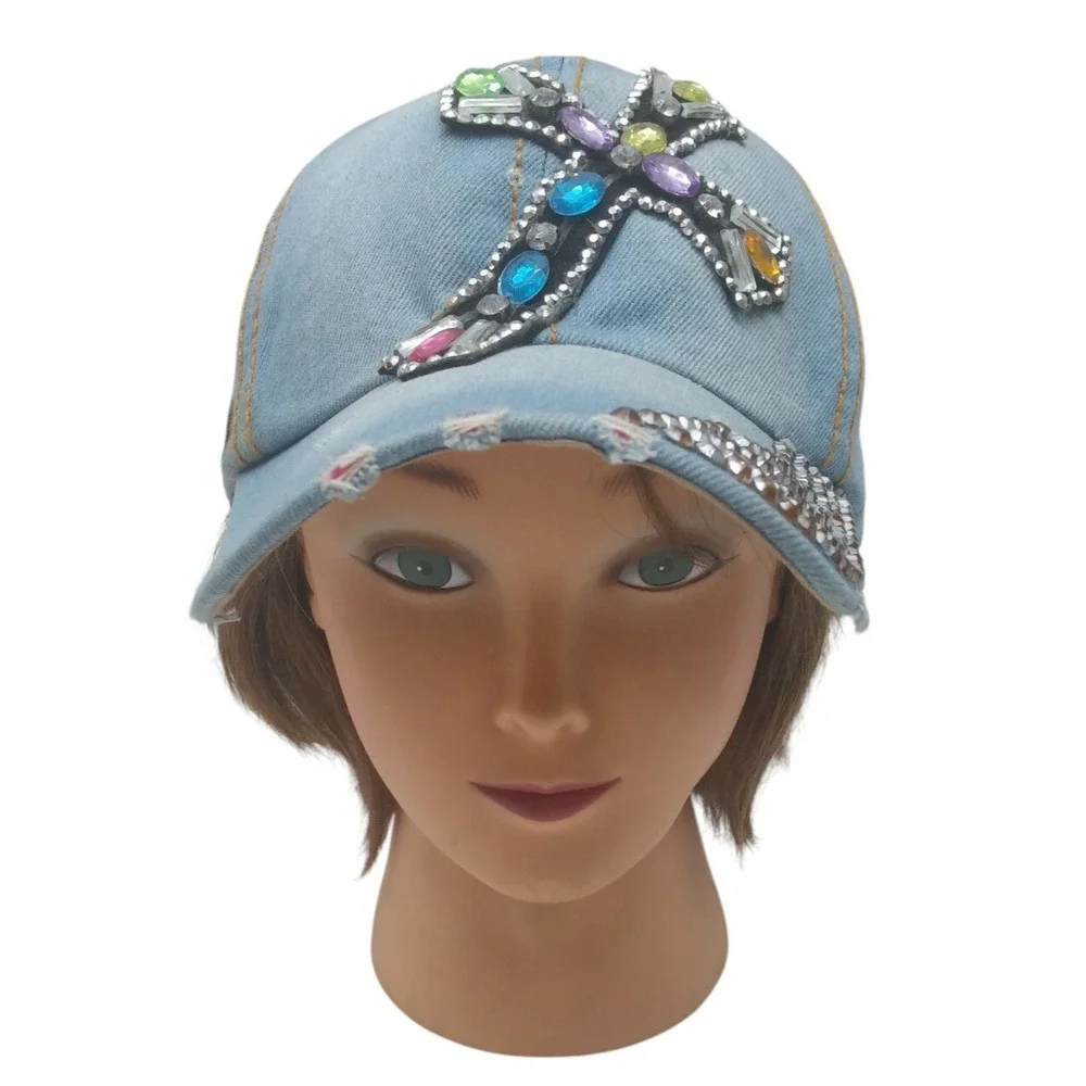 Women's Distressed Hat Blue Western Rhinestones Cross Accent Adjustable‎